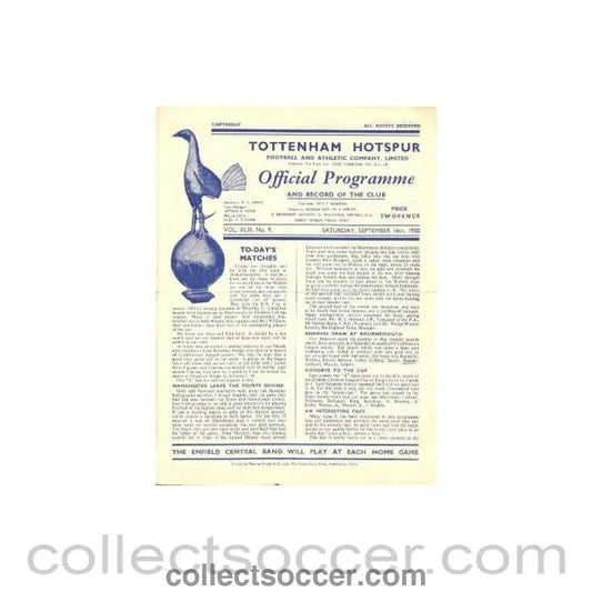 1950 - Tottenham Hotspur Reserves vChelsea Reserves official programme 16/09/1950 - Collect Soccer