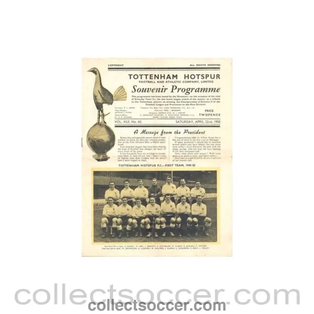 1950 - Tottenham Hotspur v Grimsby Town official programme 22/04/1950 Football League - Collect Soccer