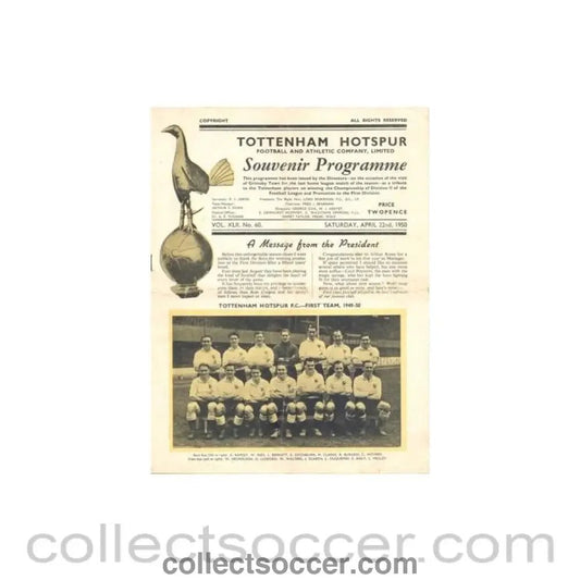 1950 - Tottenham Hotspur v Grimsby Town official programme 22/04/1950 Football League - Collect Soccer