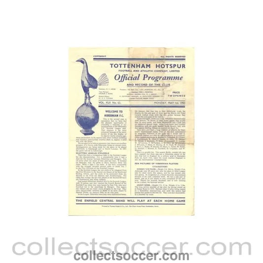 1950 - Tottenham Hotspur v Hibernian official programme 01/05/1950 Friendly Match - Collect Soccer
