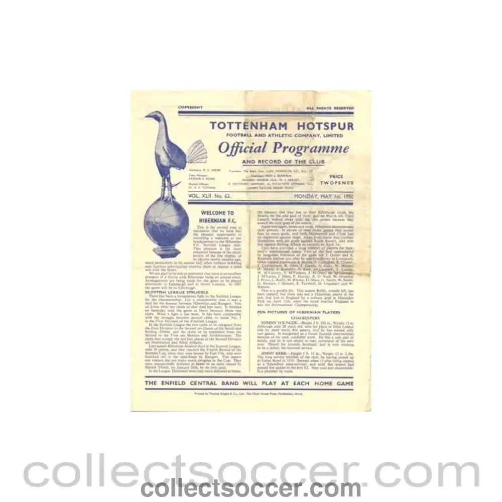 1950 - Tottenham Hotspur v Hibernian official programme 01/05/1950 Friendly Match - Collect Soccer