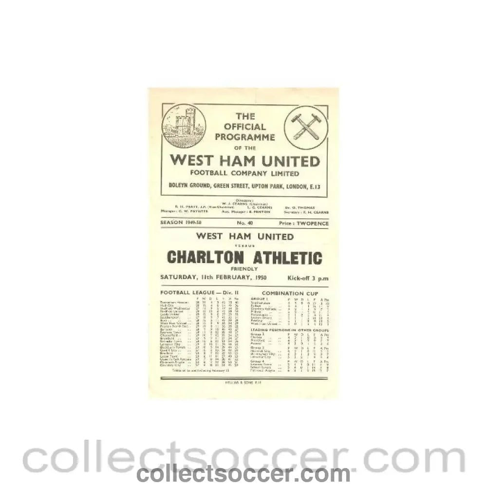 1950 - West Ham United v Charlton Athletic official programme 11/02/1950 - Collect Soccer