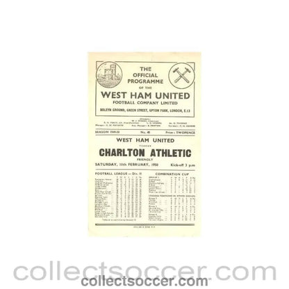 1950 - West Ham United v Charlton Athletic official programme 11/02/1950 - Collect Soccer