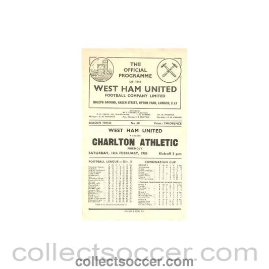 1950 - West Ham United v Charlton Athletic official programme 11/02/1950 - Collect Soccer