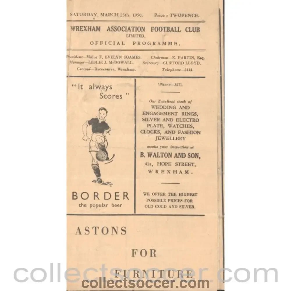 1950 - Wrexham FC V Gateshead FC 25/3/1950 official Football Programme - Collect Soccer