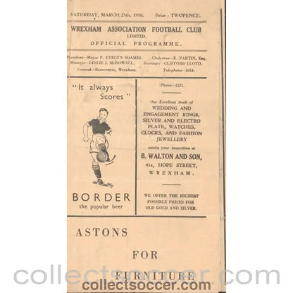 1950 - Wrexham FC V Gateshead FC 25/3/1950 official Football Programme - Collect Soccer