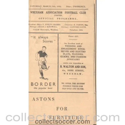 1950 - Wrexham FC V Gateshead FC 25/3/1950 official Football Programme - Collect Soccer