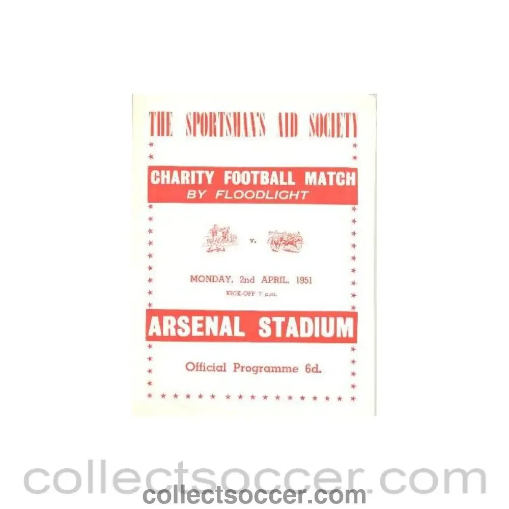 1951 - At Arsenal - Charity Football Match by Floodlight - Boxers v Jockeys official programme 02/04/1951 - Collect Soccer