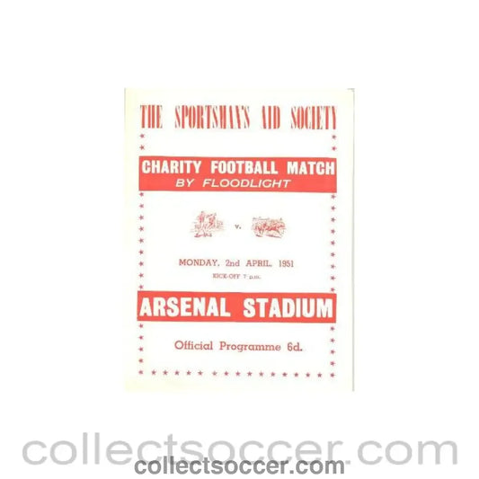 1951 - At Arsenal - Charity Football Match by Floodlight - Boxers v Jockeys official programme 02/04/1951