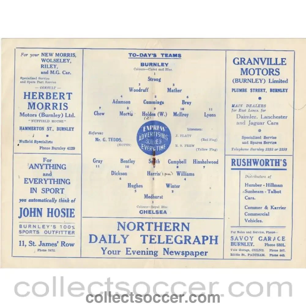 1951 - Burnley v Chelsea 23/3/1951 Official Programme - Collect Soccer