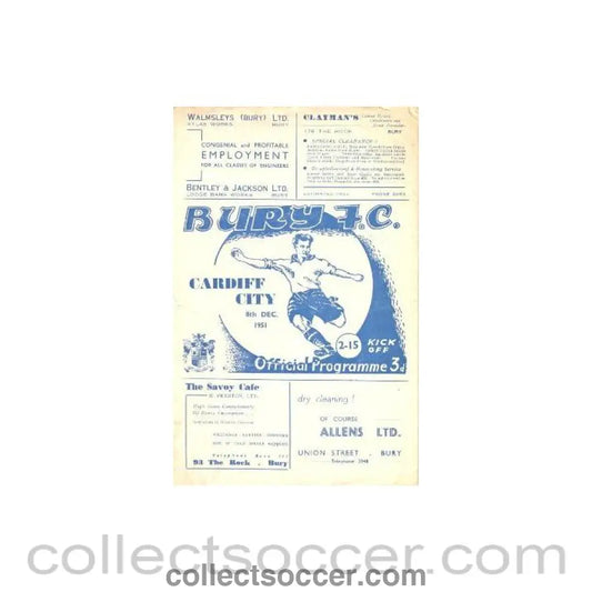 1951 - Bury v Cardiff City official programme 08/12/1951