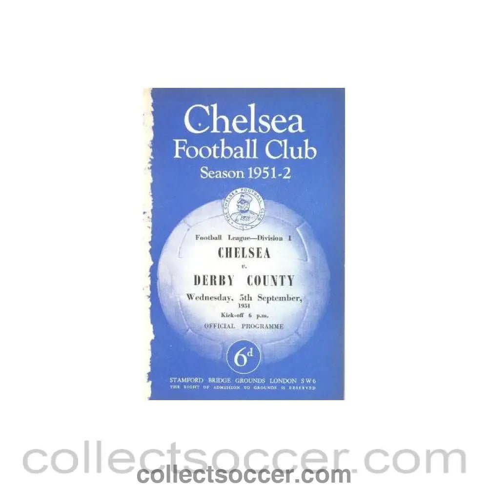 1951 - Chelsea v Derby County official programme 05/09/1951 - Collect Soccer