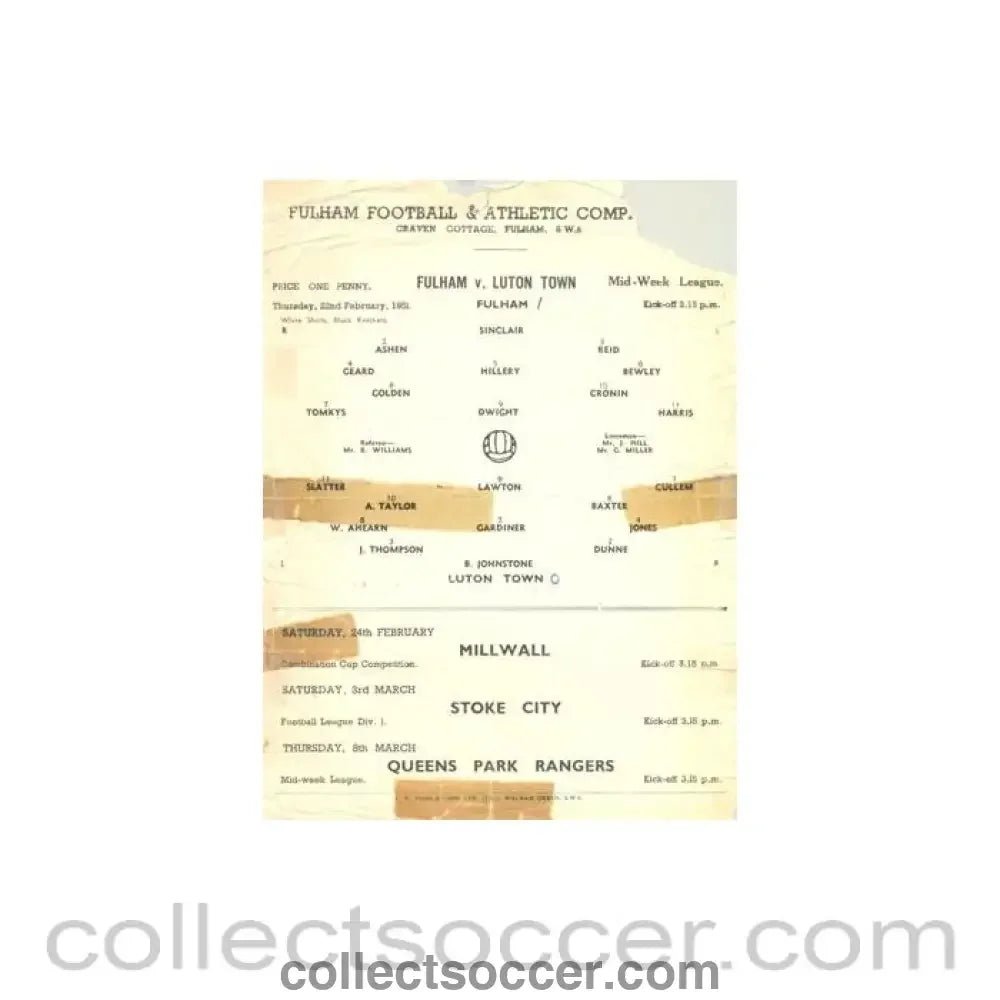 1951 - Fulham v Luton Town official programme 22/02/1951 Reserves, reduced price - Collect Soccer