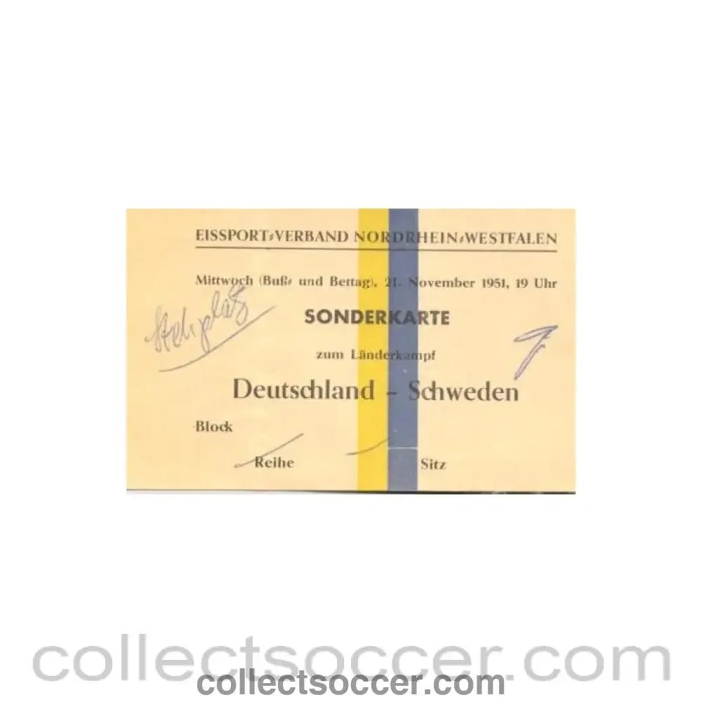 1951 - Germany v Sweden pass 21/11/1951 - Collect Soccer