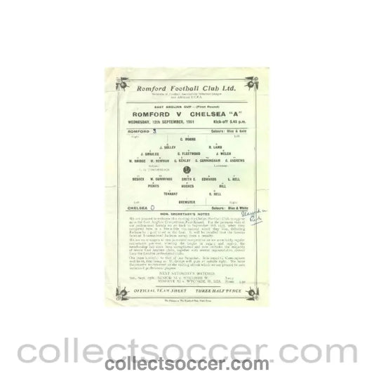 1951 - Romford v Chelsea official programme 12/09/1951