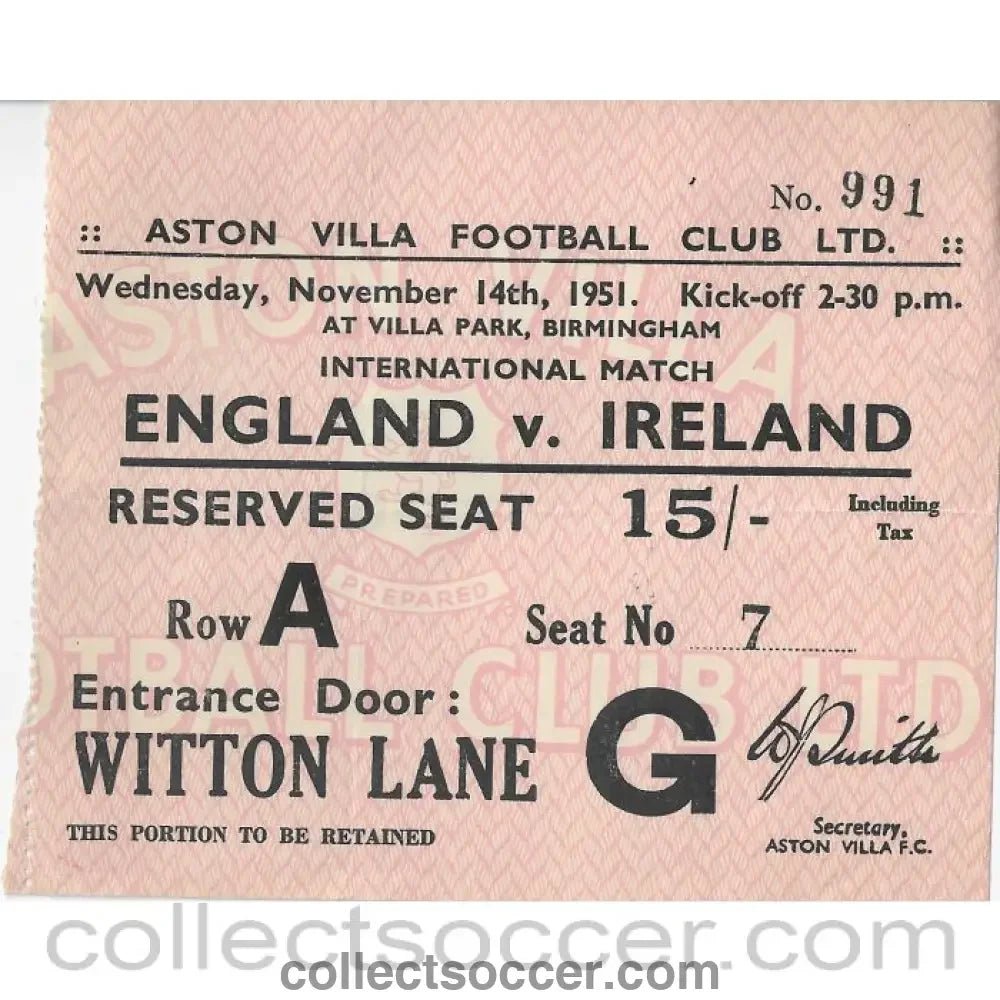1951 - Ticket England v Northern Ireland 14/11/1951 at Villa Park - Collect Soccer
