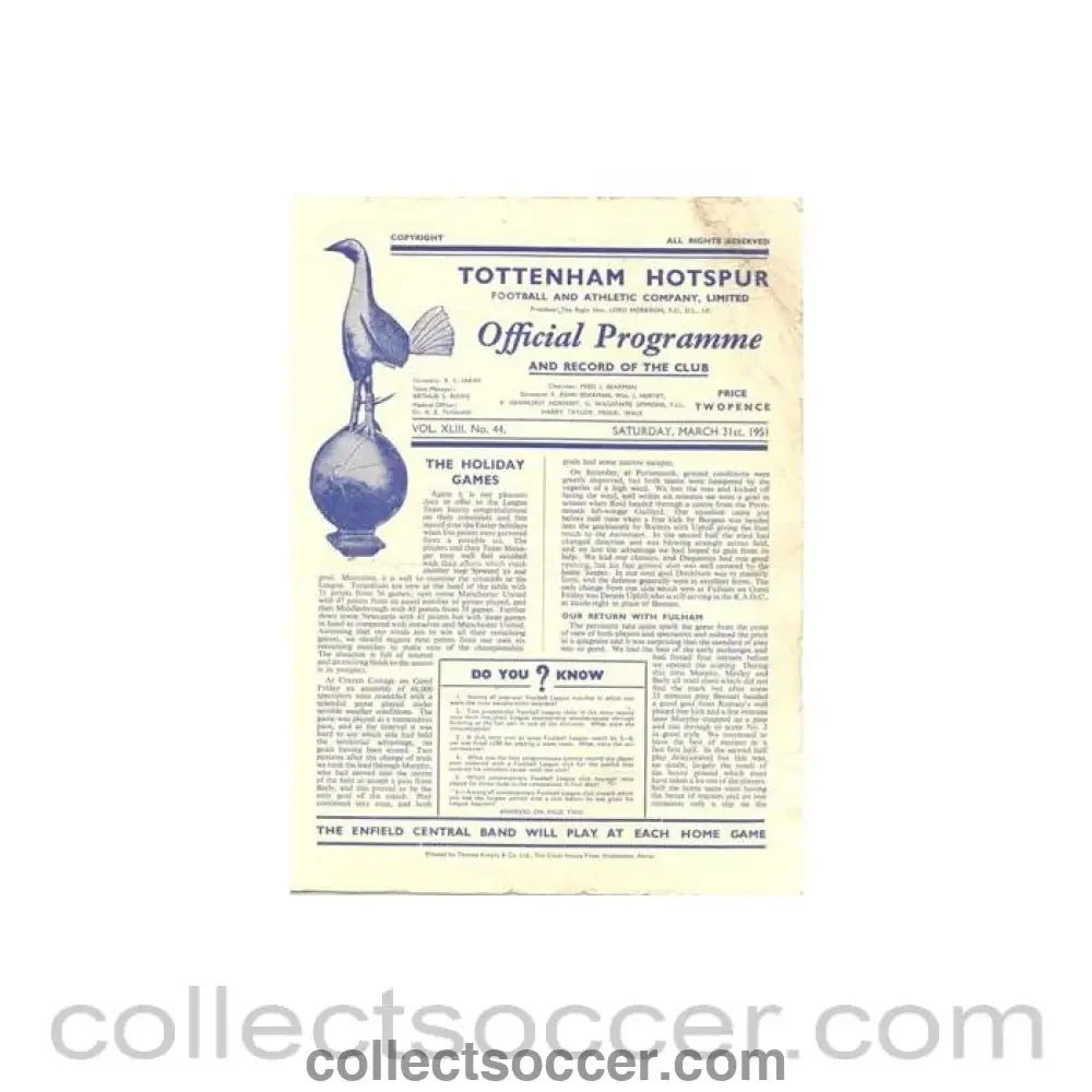1951 - Tottenham Hotspur v Everton official programme 31/03/1951 Football League - Collect Soccer