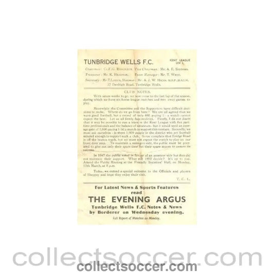 1951 - Tunbridge Wells v Sheppey United official programme of season 1951 - 1952 - Collect Soccer