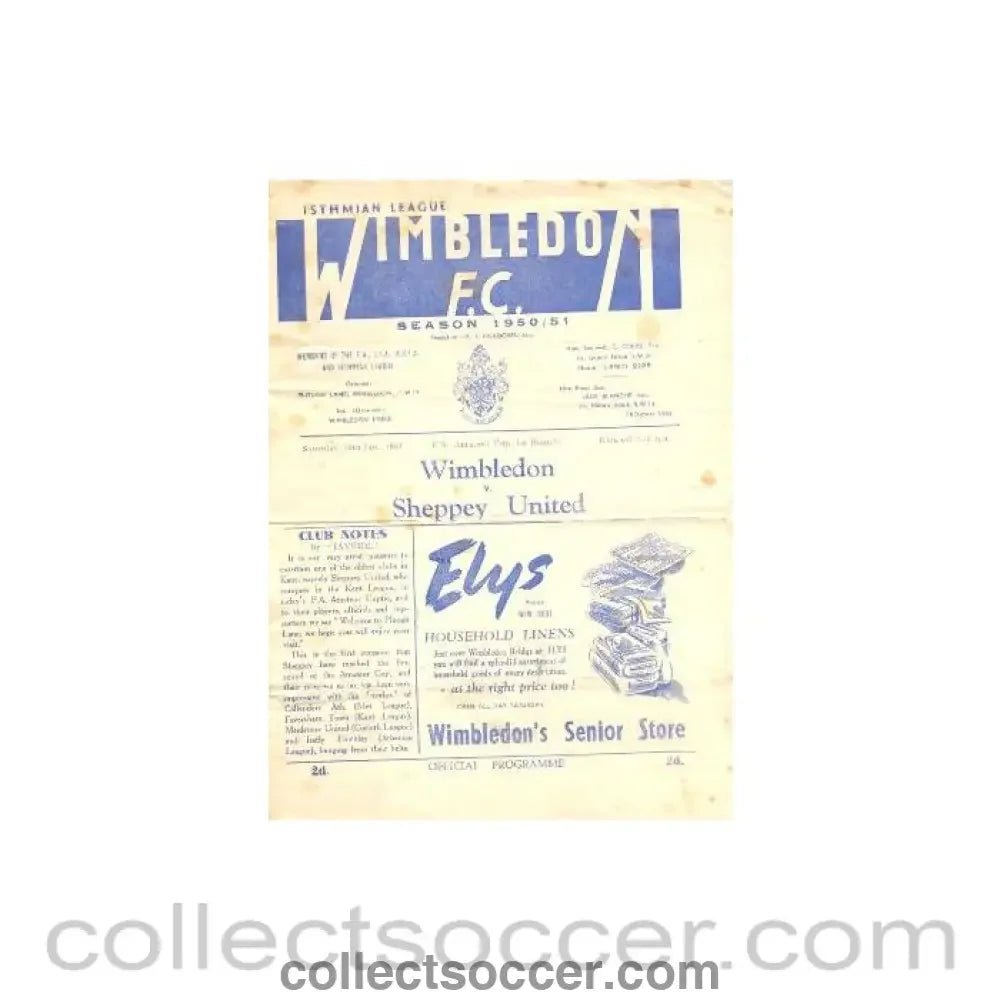 1951 - Wimbledon v Sheppey United official programme 13/01/1951 - Collect Soccer