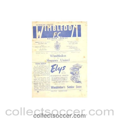 1951 - Wimbledon v Sheppey United official programme 13/01/1951 - Collect Soccer