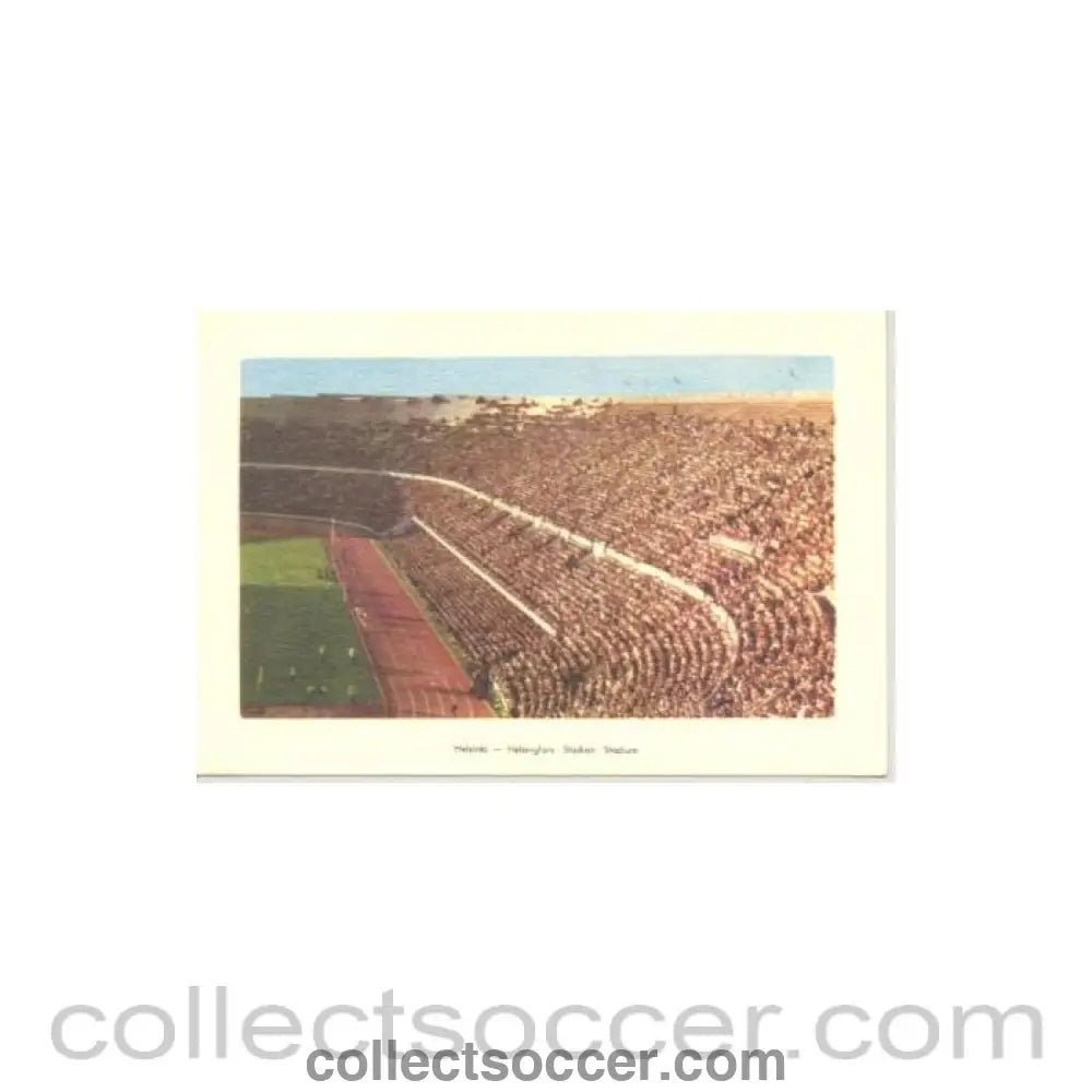 1952 15th Olympic Games in Helsinki, Finland colour postcard, featuring the Olympic Stadium - Collect Soccer