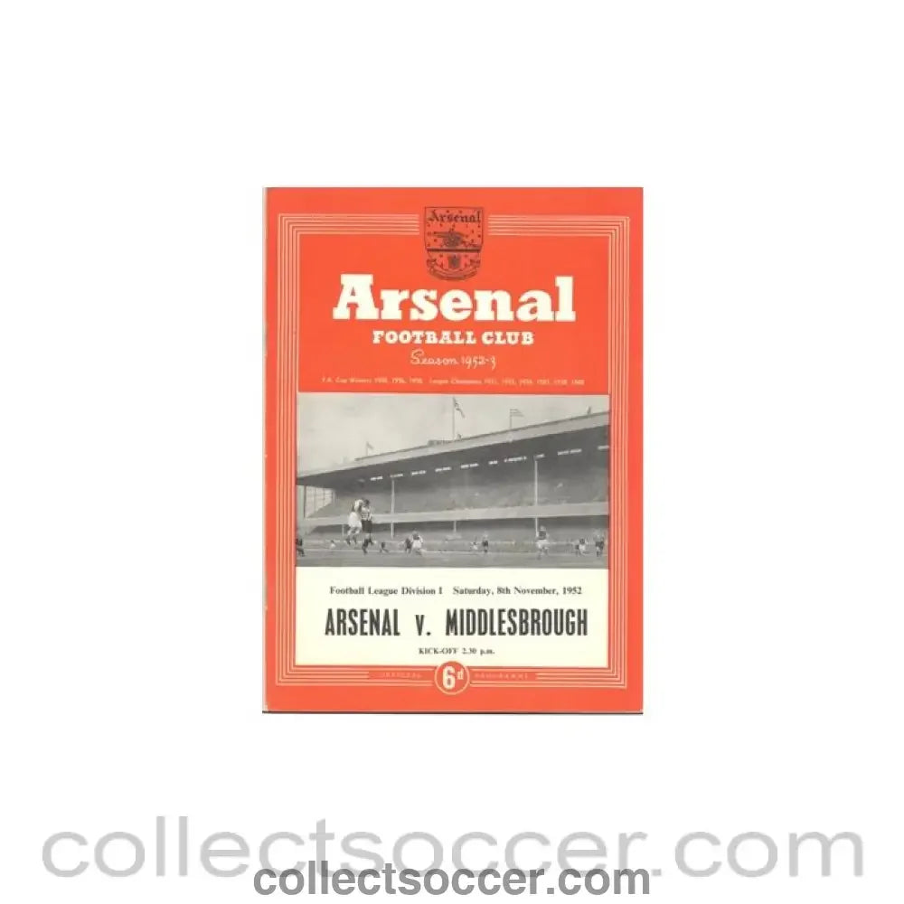 1952 - Arsenal v Middlesbrough official programme 08/11/1952