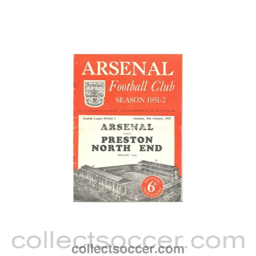 1952 - Arsenal v Preston North End official programme 16/02/1952