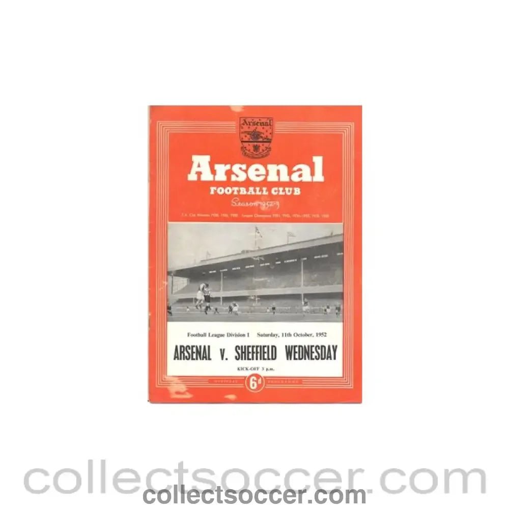 1952 - Arsenal v Sheffield Wednesday official programme 11/10/1952 - Collect Soccer