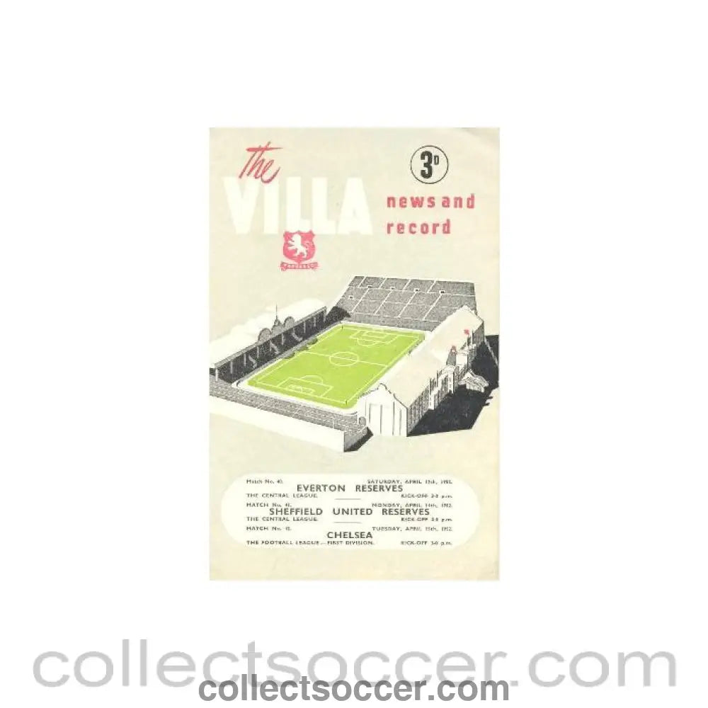1952 - Aston Villa vChelsea 15/04/1952 also covers Villa v Everton and Sheffield Utd Res official programme