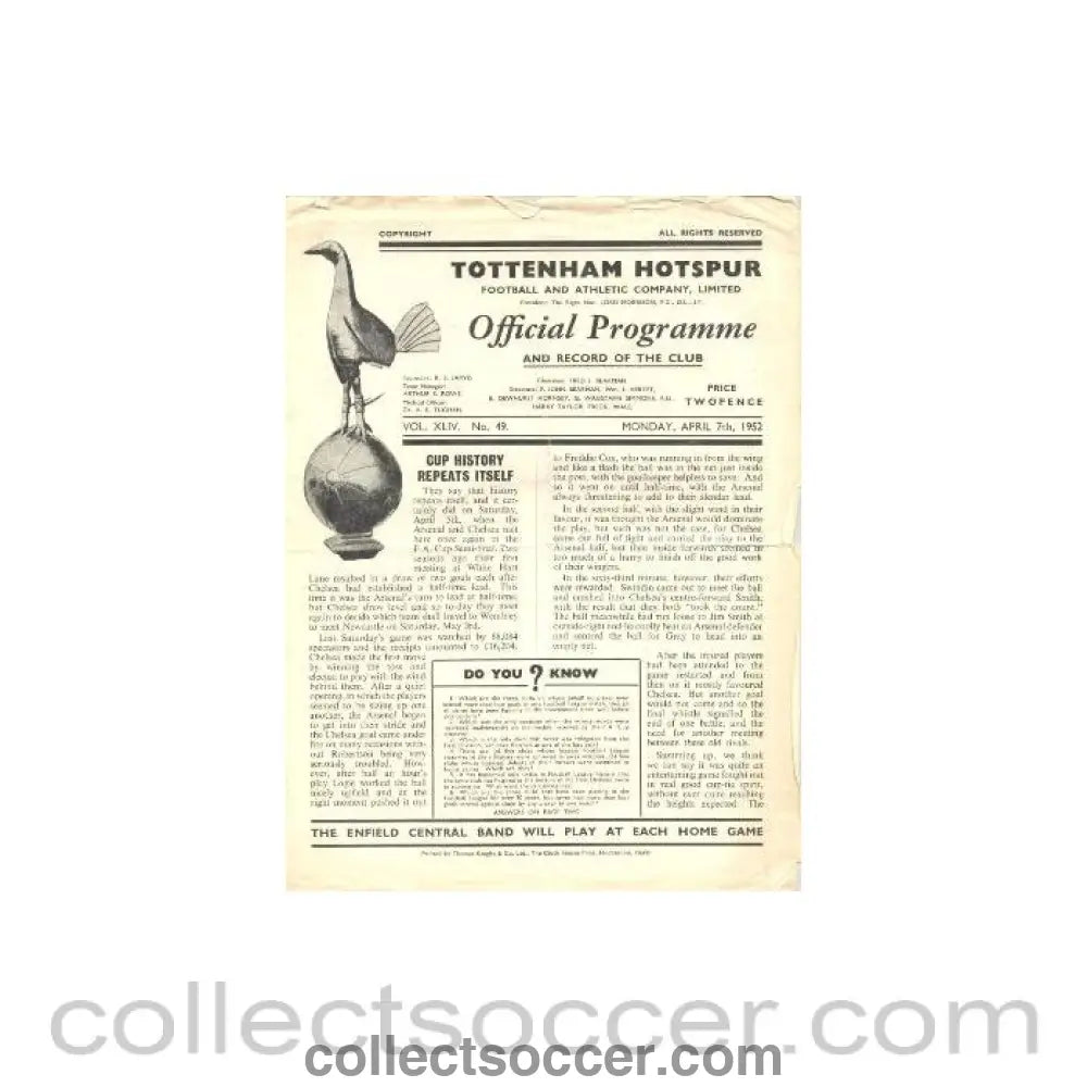 1952 - At Tottenham Hotspur Arsenal vChelsea official programme FA Cup Semi Final Replay 07/04/1952