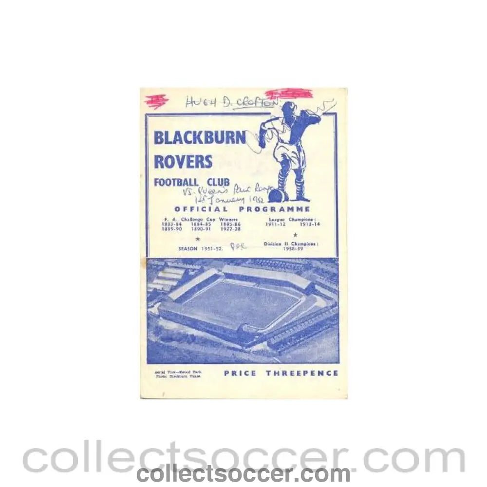 1952 - Blackburn Rovers v Queen's Park Rangers official programme 01/01/1952 - Collect Soccer