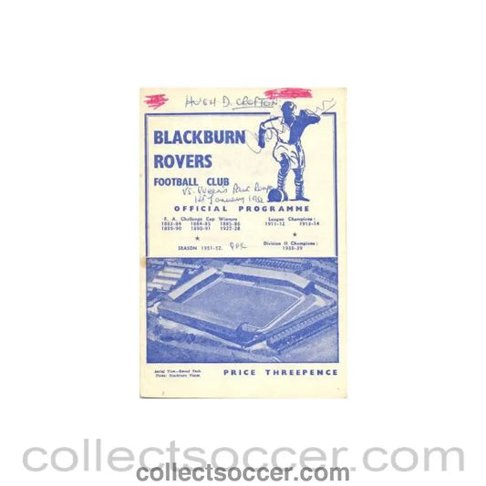 1952 - Blackburn Rovers v Queen’s Park Rangers official programme 01/01/1952