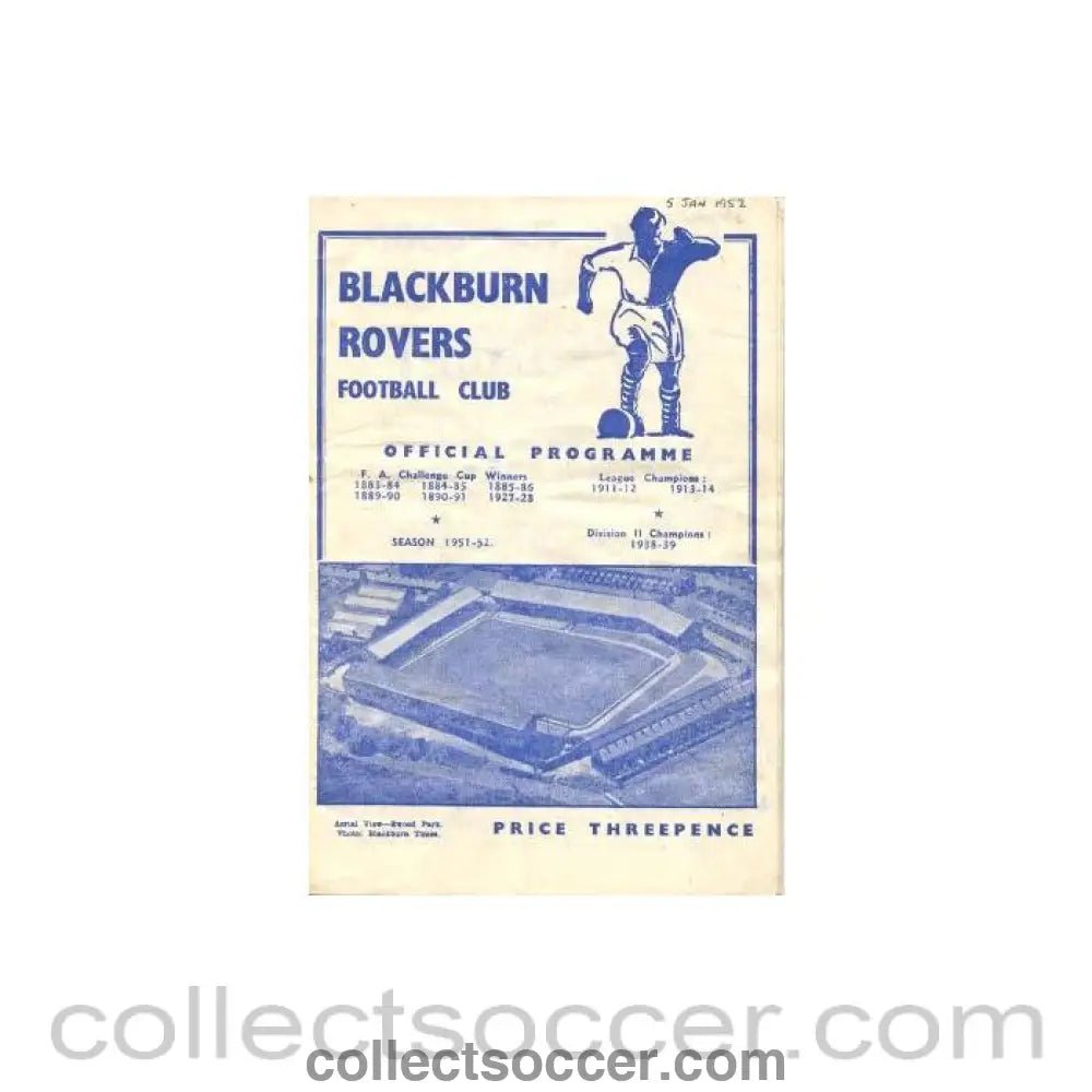 1952 - Blackburn Rovers v Swansea Town official programme 05/01/1952 - Collect Soccer