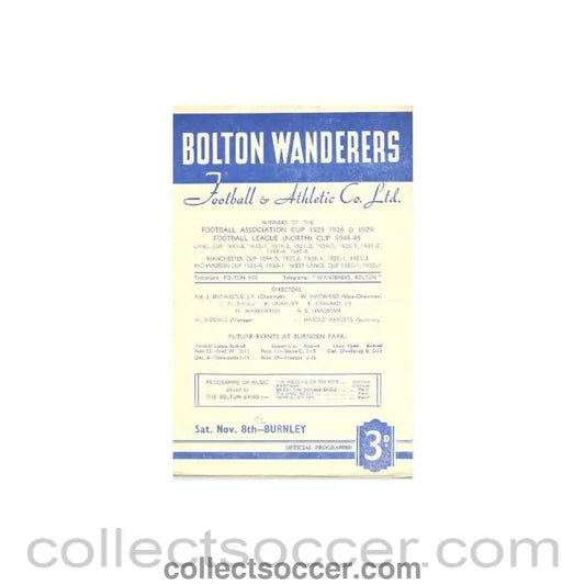 1952 - Bolton Wanderers v Burnley official programme 08/11/1952