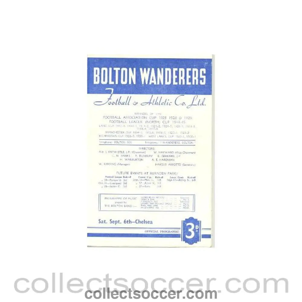 1952 - Bolton Wanderers v Chelsea official programme 06/09/1952