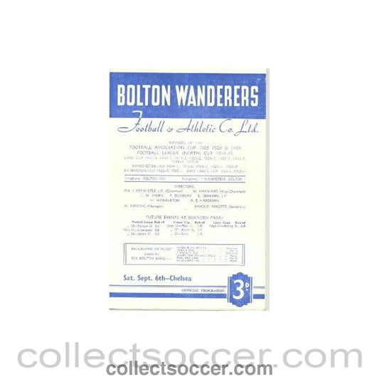 1952 - Bolton Wanderers v Chelsea official programme 06/09/1952