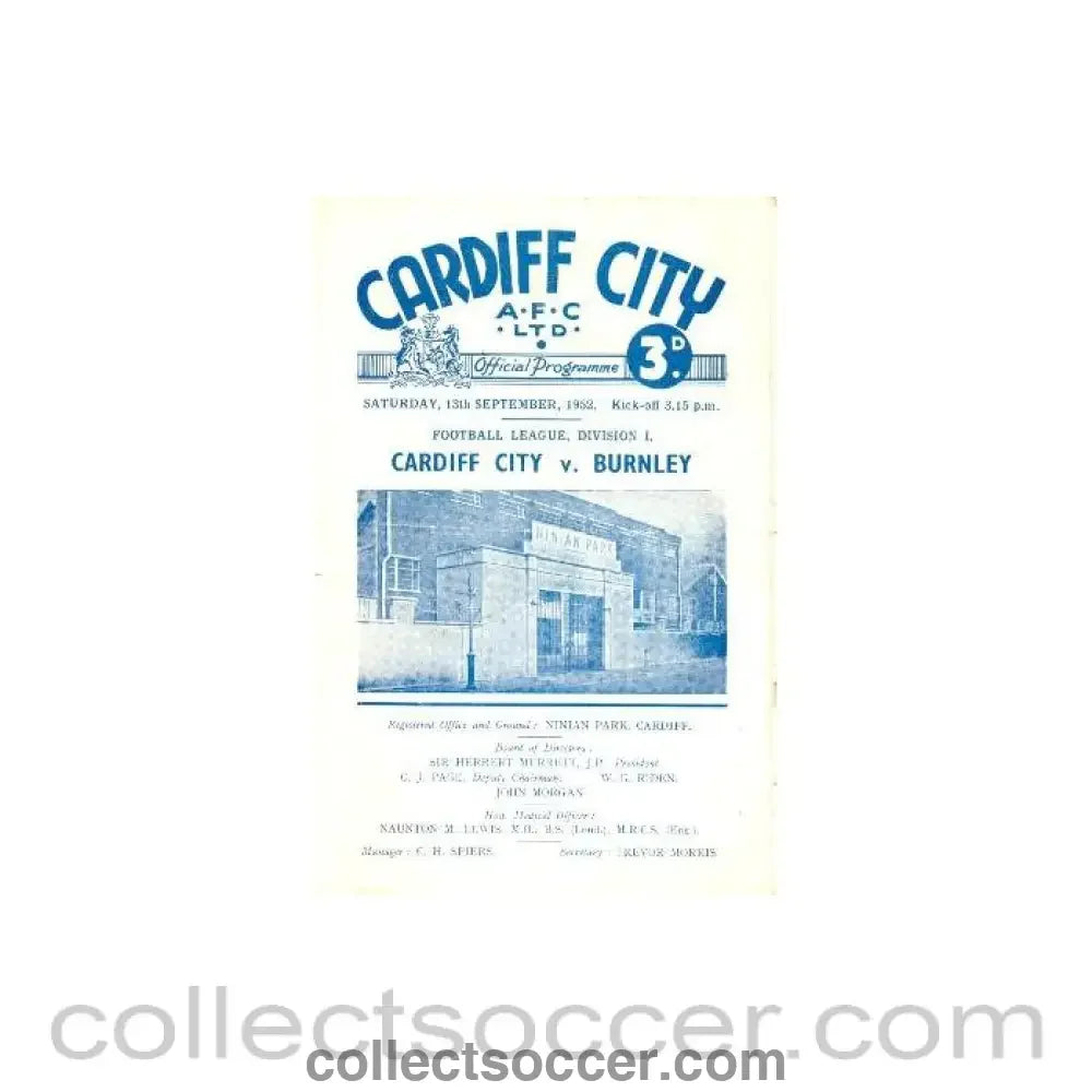 1952 - Cardiff City v Burnley official programme 13/09/1952