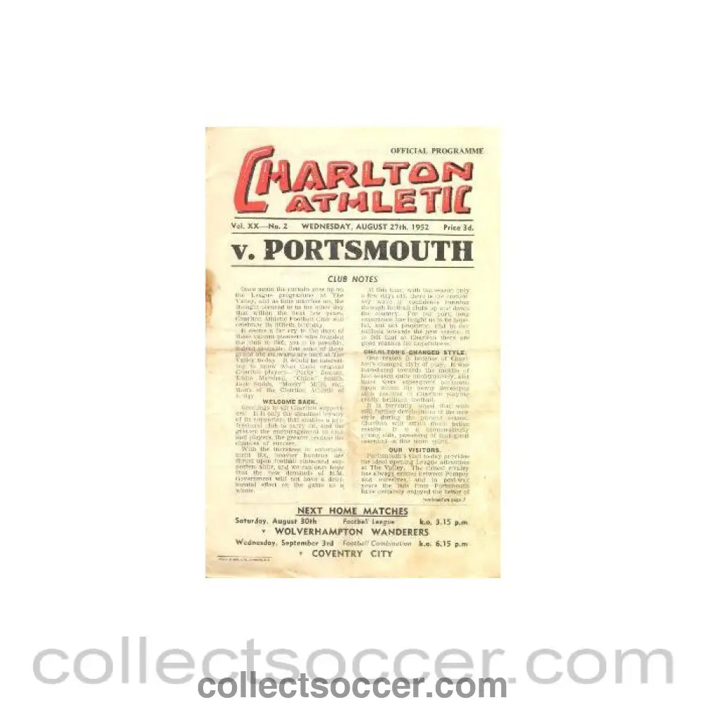 1952 - Charlton Athletic v Portsmouth official programme 27/08/1952 Football League