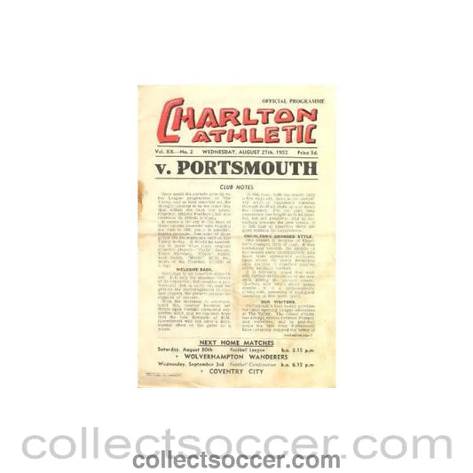 1952 - Charlton Athletic v Portsmouth official programme 27/08/1952 Football League