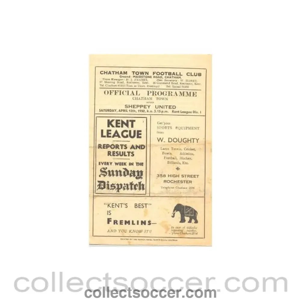 1952 - Chatham Town v Sheppey United official programme 12/04/1952 - Collect Soccer