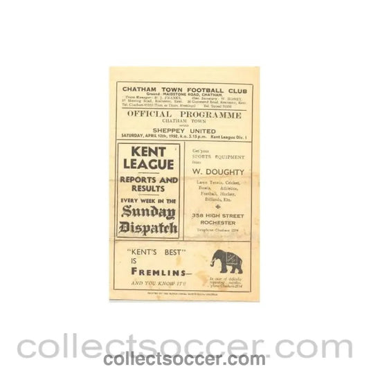 1952 - Chatham Town v Sheppey United official programme 12/04/1952 - Collect Soccer