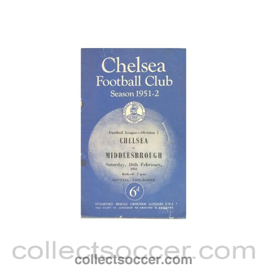 1952 - Chelsea v Middlesbrough official programme 16/02/1952