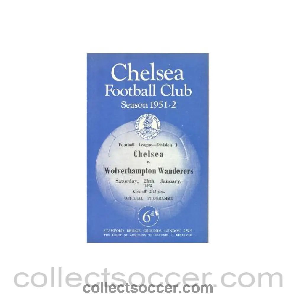 1952 - Chelsea v Wolverhampton Wanderers official programme 26/01/1952 - Collect Soccer