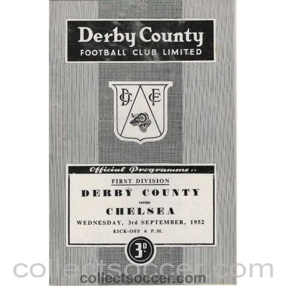 1952 - Derby County v Chelsea 3/9/1952 Football Programme - Collect Soccer