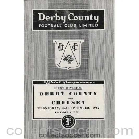 1952 - Derby County v Chelsea 3/9/1952 Football Programme - Collect Soccer