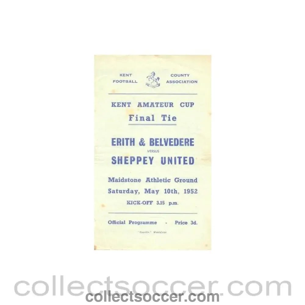 1952 - Erith & Belvedere v Sheppey United official programme 10/05/1952 - Collect Soccer