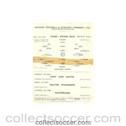 1952 - Fulham v Southend United official programme 03/04/1952 Reserves, reduced price - Collect Soccer