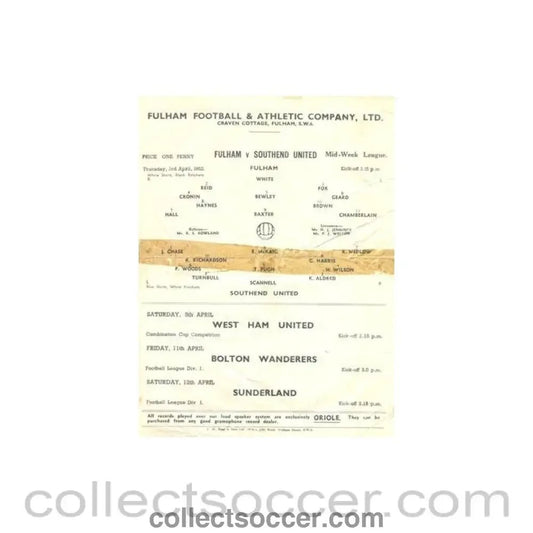 1952 - Fulham v Southend United official programme 03/04/1952 Reserves, reduced price - Collect Soccer