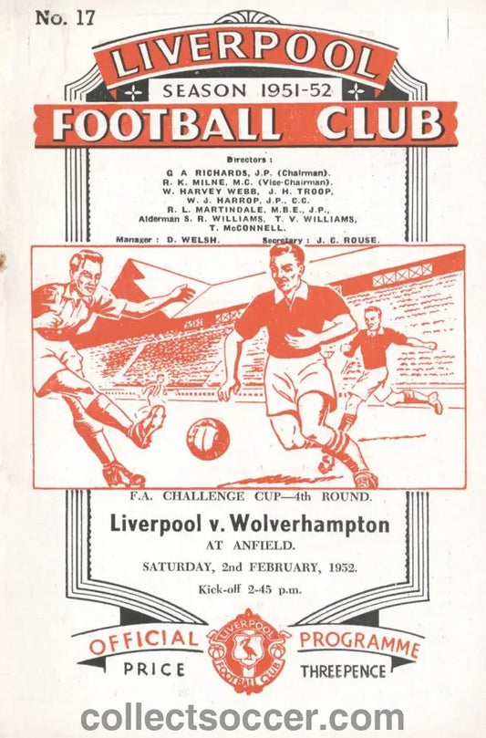 1952 Liverpool v Wolverhampton Wanderers Directors Issue Programme 2/2/1952 - Collect Soccer