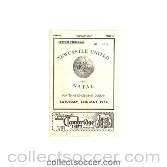 1952 - Natal v Newcastle United official programe 24/05/1952, played in South Africa - Collect Soccer